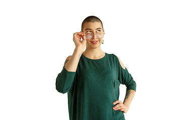 Image showing Portrait of young woman with freaky appearance on white background