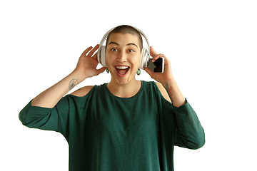 Image showing Portrait of young woman with freaky appearance on white background