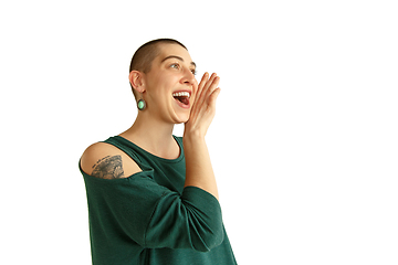 Image showing Portrait of young woman with freaky appearance on white background