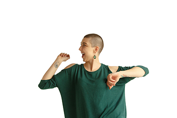 Image showing Portrait of young woman with freaky appearance on white background