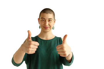 Image showing Portrait of young woman with freaky appearance on white background