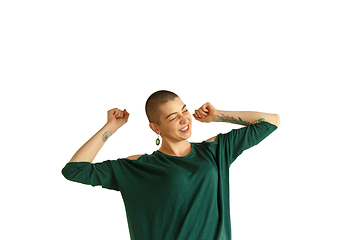 Image showing Portrait of young woman with freaky appearance on white background