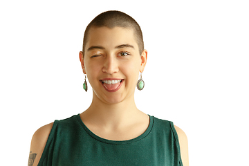 Image showing Portrait of young woman with freaky appearance on white background