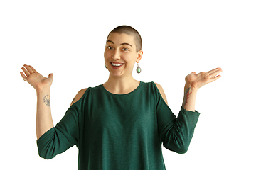 Image showing Portrait of young woman with freaky appearance on white background