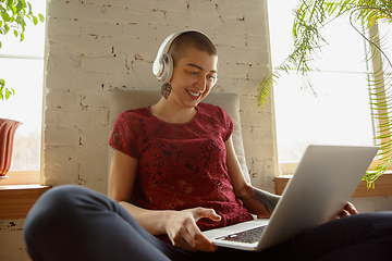 Image showing Woman working from home during coronavirus or COVID-19 quarantine, remote office concept