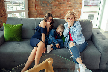 Image showing Mother, son and sister at home having fun, comfort and cozy concept, celebrating birthday