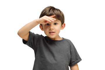 Image showing Happy caucasian little boy isolated on white studio background. Looks happy, cheerful, sincere. Copyspace. Childhood, education, emotions concept