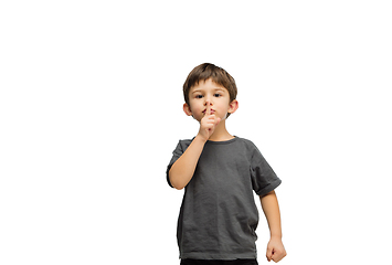 Image showing Happy caucasian little boy isolated on white studio background. Looks happy, cheerful, sincere. Copyspace. Childhood, education, emotions concept