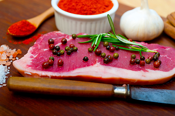 Image showing raw uncooked  ribeye beef steak butcher selection