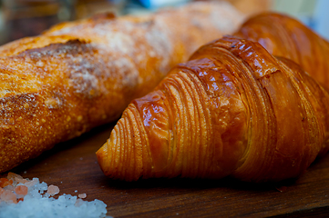 Image showing French fresh croissants and artisan baguette tradition