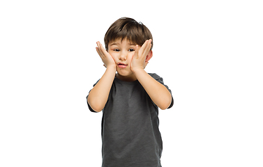 Image showing Happy caucasian little boy isolated on white studio background. Looks happy, cheerful, sincere. Copyspace. Childhood, education, emotions concept