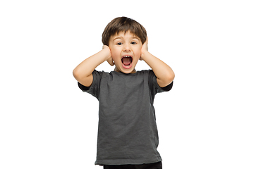 Image showing Happy caucasian little boy isolated on white studio background. Looks happy, cheerful, sincere. Copyspace. Childhood, education, emotions concept