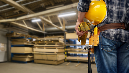 Image showing worker or builder with helmet and working tools