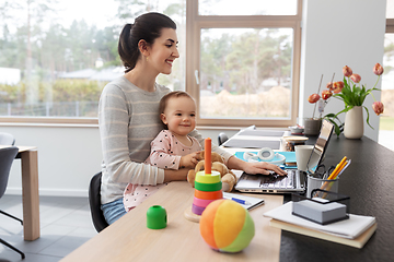 Image showing mother with baby and laptop working at home office