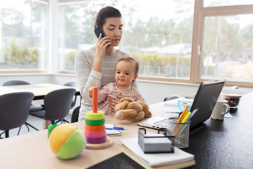 Image showing mother with baby working on laptop at home office