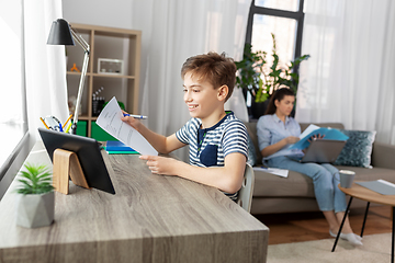 Image showing student boy with tablet computer learning at home