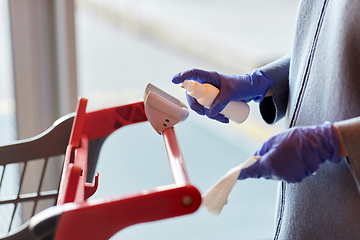 Image showing woman cleaning shopping cart handle with sanitizer