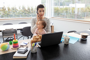 Image showing mother with baby working on laptop at home office