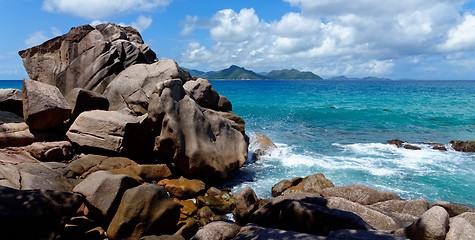 Image showing Scenic granite rocks and ocean at Anse Severe  beach on La Digue island, Seychelles