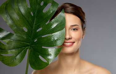 Image showing beautiful young woman with green monstera leaf