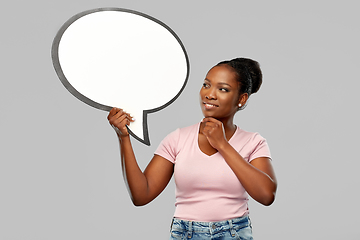 Image showing happy african american woman holding speech bubble