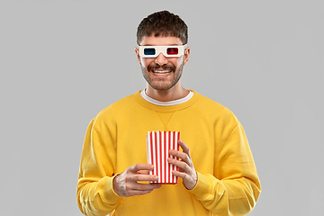 Image showing happy man 3d movie glasses with popcorn in bucket