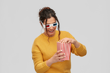 Image showing happy woman in 3d movie glasses with popcorn