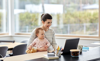 Image showing mother with baby and laptop working at home office