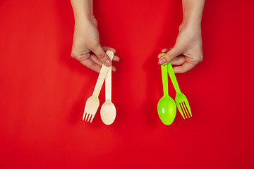Image showing Eco-friendly life - organic made kitchenware in compare with polymers, plastics analogues.