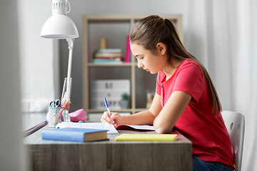 Image showing student girl with book writing to notebook at home