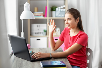 Image showing student girl with laptop having video call at home