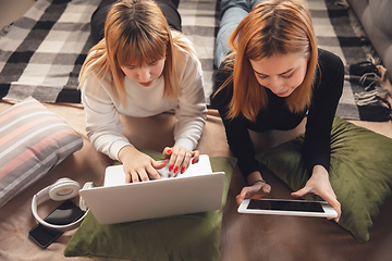 Image showing Young friends, women using gadgets to watch cinema, photos, online courses, taking selfie or vlog, top view