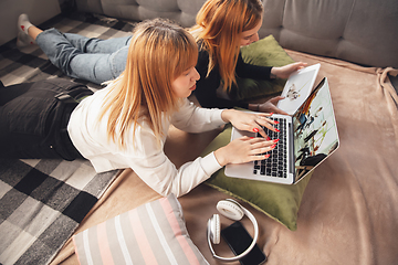 Image showing Young friends, women using gadgets to watch cinema, photos, online courses, taking selfie or vlog, top view