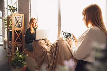 Image showing Young friends, women using gadgets to watch cinema, photos, online courses, taking selfie or vlog