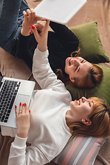 Image showing Young friends, women using gadgets to watch cinema, photos, online courses, taking selfie or vlog, top view