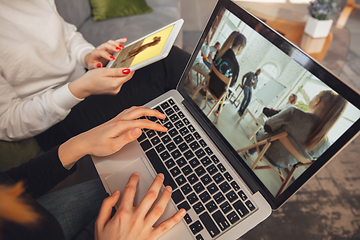 Image showing Young friends, women using gadgets to watch cinema, photos, online courses, taking selfie or vlog