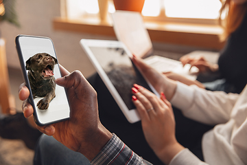 Image showing Young friends using gadgets to watch cinema, photos, online courses, taking selfie or vlog