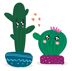 Image showing Two cactus plants emoji expressing happy moods appear in a red h