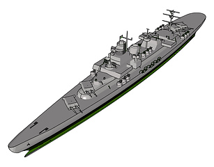 Image showing 3D vector illustration of a long grey military ship on a white b