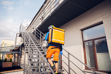 Image showing Contacless delivery service during quarantine. Man delivers food and shopping bags during isolation