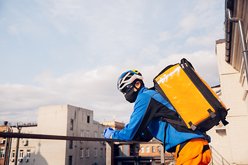 Image showing Contacless delivery service during quarantine. Man delivers food and shopping bags during isolation