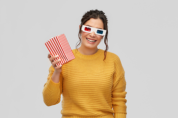 Image showing happy woman in 3d movie glasses with popcorn