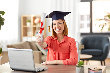 Image showing student woman with laptop and diploma at home