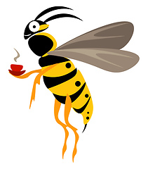 Image showing Cute little wasp holding a steaming cup of coffee looks funny ve