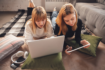 Image showing Young friends, women using gadgets to watch cinema, photos, online courses, taking selfie or vlog, top view