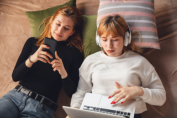 Image showing Young friends, women using gadgets to watch cinema, photos, online courses, taking selfie or vlog, top view