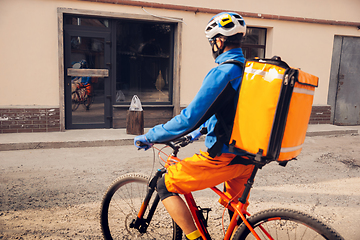 Image showing Contacless delivery service during quarantine. Man delivers food and shopping bags during isolation