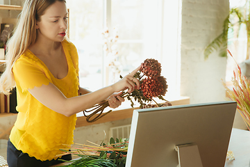 Image showing Florist at work: woman shows how to make bouquet, working at home concept, choosing plants for composition