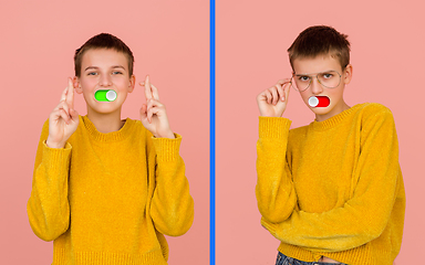 Image showing Mood switch on female face. Happy and angry, splitting personality. Modern interface and human emotions