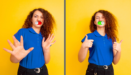 Image showing Mood switch on female face. Happy and angry, splitting personality. Modern interface and human emotions